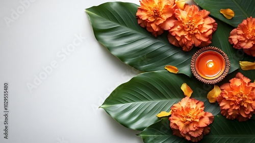 Diwali background with marigolds and diya lamps photo