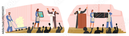 Auction Scenes, Man Pushes A Cart Carrying A Sculpture While A Woman Presents A Painting On Stage