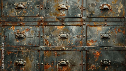 Rustic metal drawers with handles and rivets. .