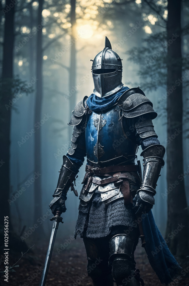 Obraz premium a knight in armor, a knight in iron armor in the woods with a sword.