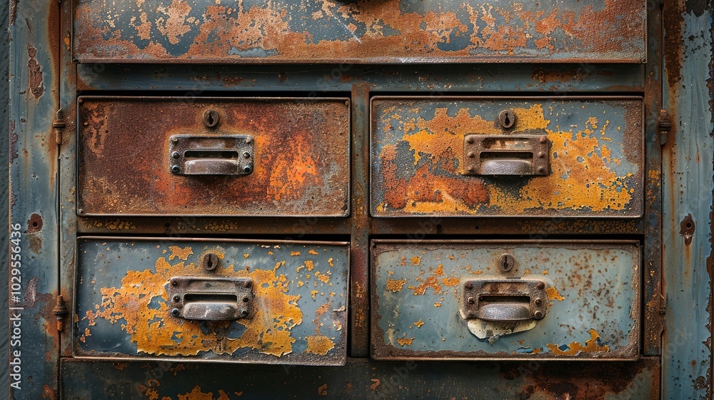 Rusty metal drawers with peeling paint and worn handles. . Rusty metal drawers with peeling paint and worn handles. .