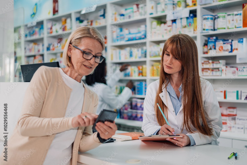 Senior woman showing her phone screen to pharmacist in drugstore Senior woman showing her phone screen to pharmacist in drugstore