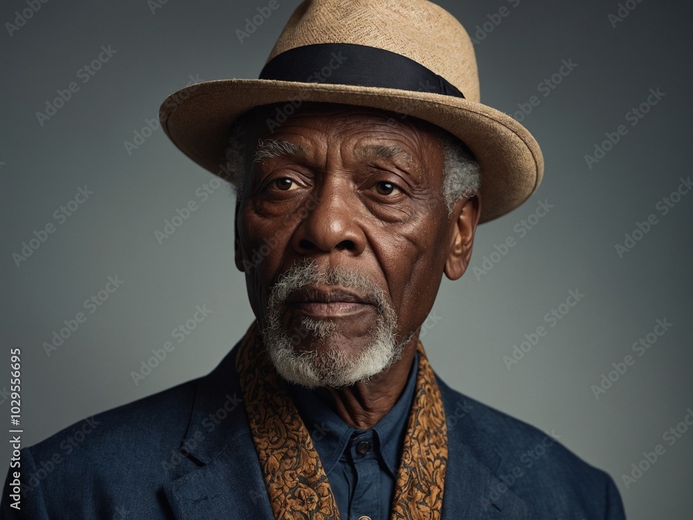 Elderly African American man with gray hair and beard, wearing tan hat, blue collared shirt, and brown jacket, looking directly at camera with serious expression Elderly African American man with gray hair and beard, wearing tan hat, blue collared shirt, and brown jacket, looking directly at camera with serious expression