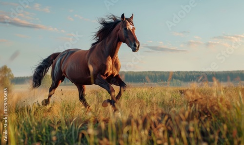 Majestic stallion galloping through an open field, 4K hyperrealistic photo.