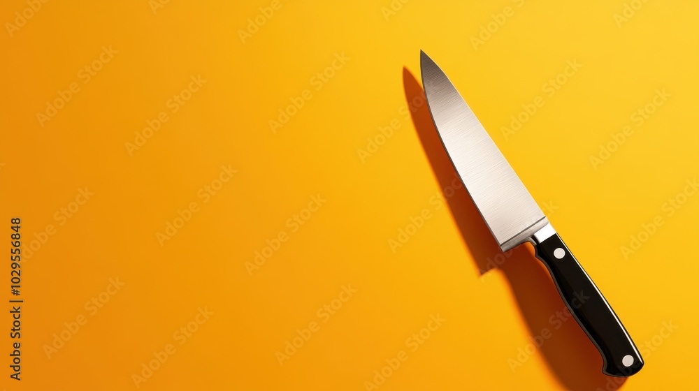A sharp chef's knife is positioned on a vibrant orange background, creating a stark contrast that embodies precision, focus, and clarity in a minimalist style.