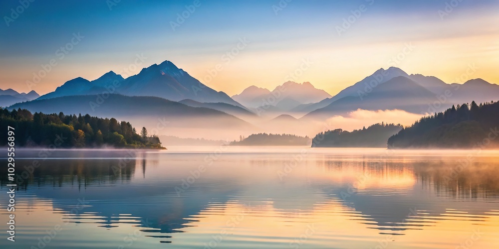 Mountain landscape at dawn with misty layers and calm lake Mountain landscape at dawn with misty layers and calm lake