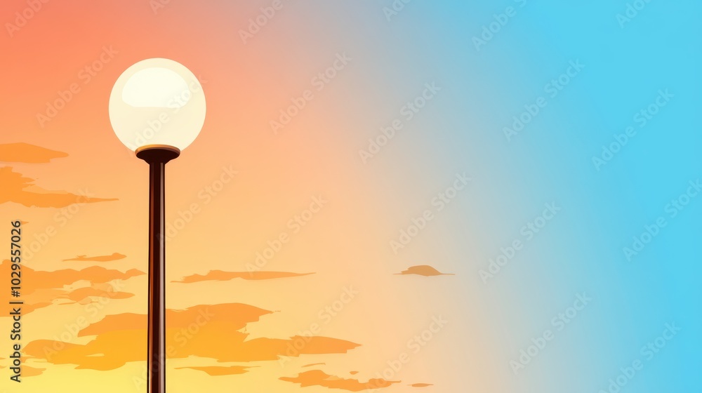 A street lamp with a glowing sphere on top stands tall against a gradient sky blending from orange to blue, symbolizing transition and hope through evening serenity. A street lamp with a glowing sphere on top stands tall against a gradient sky blending from orange to blue, symbolizing transition and hope through evening serenity.