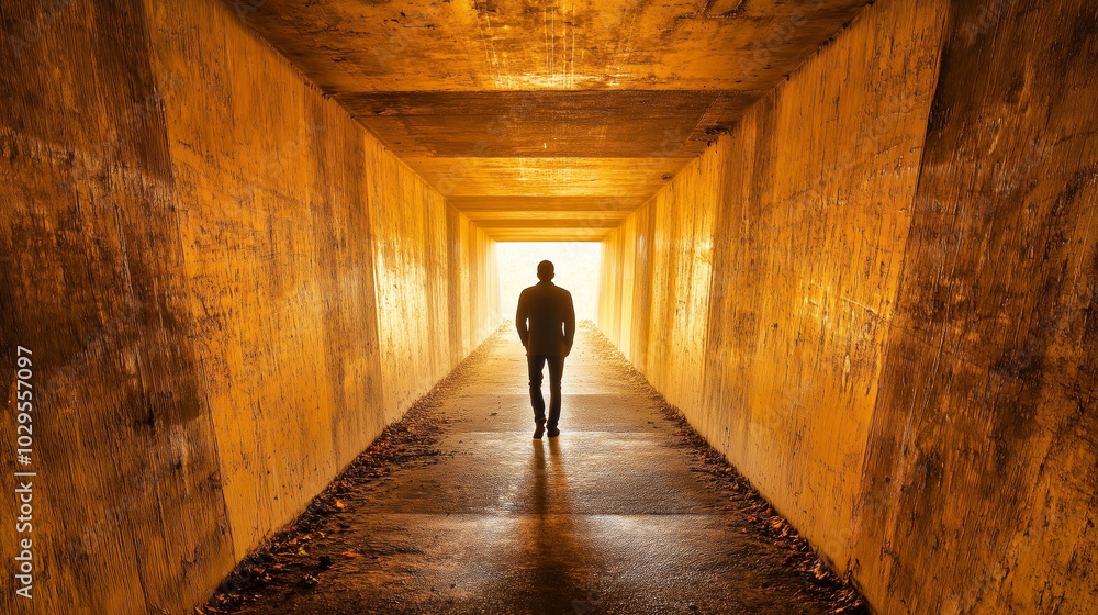 Silhouette of person walking in sunlit tunnel with golden glow Silhouette of person walking in sunlit tunnel with golden glow