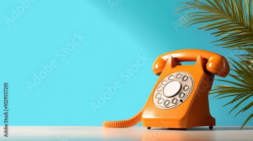 An orange rotary phone stands on a white desk against a vivid turquoise wall, blending vintage style with modern color contrasts in a bold composition.