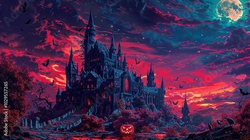 A gothic castle surrounded by bats and pumpkins under the full moon, with a...