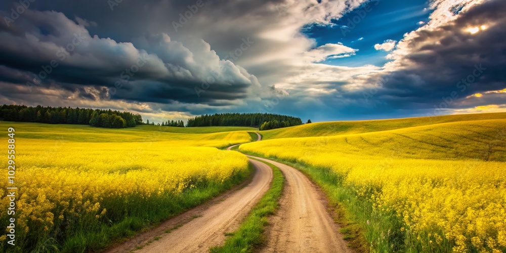 Fototapeta premium Scenic Dirt Road in Meadow with Yellow Wildflowers Before Thunderstorm - Summertime Overcast Beauty