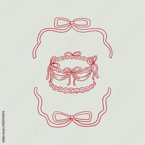 Wavy frame with bows and holiday cake. Vector illustration in retro coquette aesthetic. Sketch style clipart for wedding, birthday, valentines day