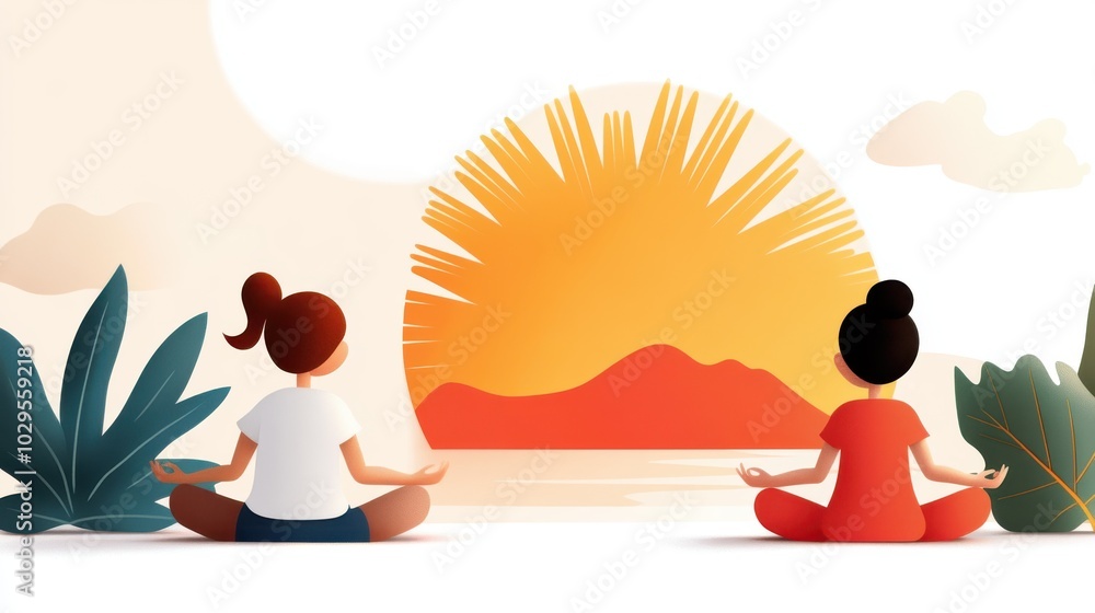 Two individuals sit in meditation poses facing a vibrant sunrise, surrounded by lush plants, encapsulating a sense of serenity, connection, and inner harmony. Two individuals sit in meditation poses facing a vibrant sunrise, surrounded by lush plants, encapsulating a sense of serenity, connection, and inner harmony.