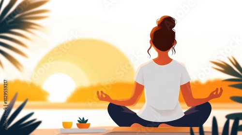 Wallpaper Mural A woman is meditating in the early morning by a tranquil lake, as the sunrise paints the sky orange and yellow, embodying tranquility and mindfulness. Torontodigital.ca