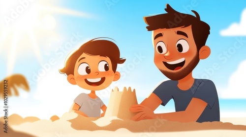 A cheerful father and son duo joyfully build a sandcastle on the beach under the warm sun, representing family bonding, happiness, and carefree summer days. photo