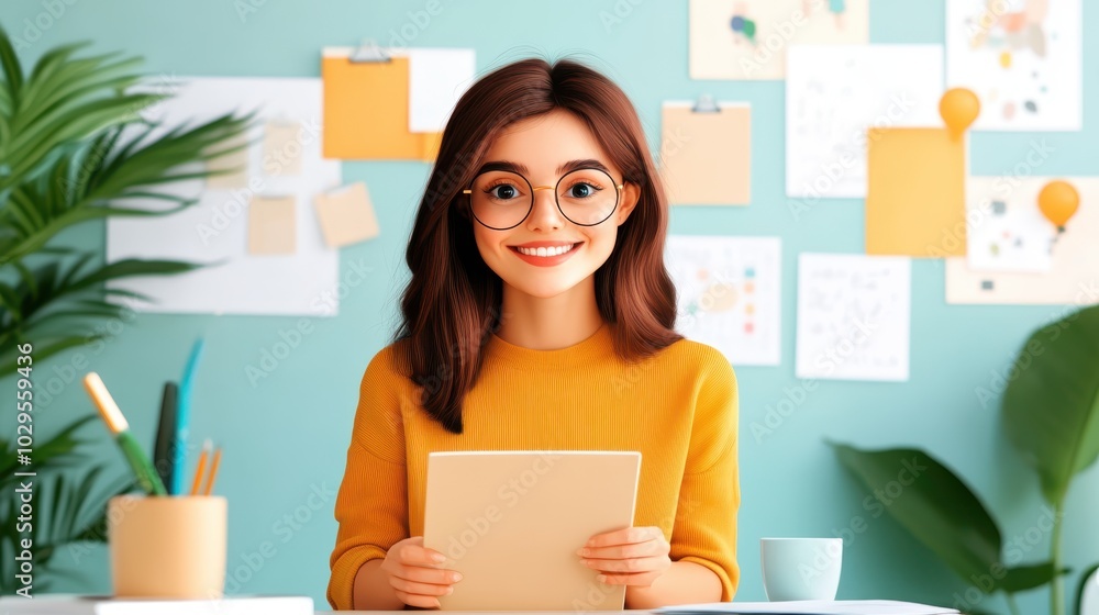 A cheerful woman with glasses holds a document in a vibrant, creatively decorated office. The workspace exudes positivity and artistic inspiration. A cheerful woman with glasses holds a document in a vibrant, creatively decorated office. The workspace exudes positivity and artistic inspiration.