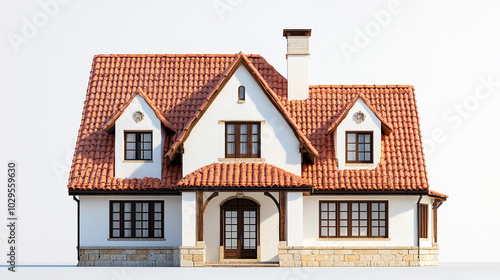 White House with Red Tile Roof and Stone Facade