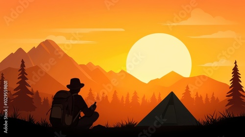 Wallpaper Mural A lone camper sits beside their tent, admiring a vibrant sunset over picturesque mountains, enveloped in the serenity of nature’s evening beauty. Torontodigital.ca