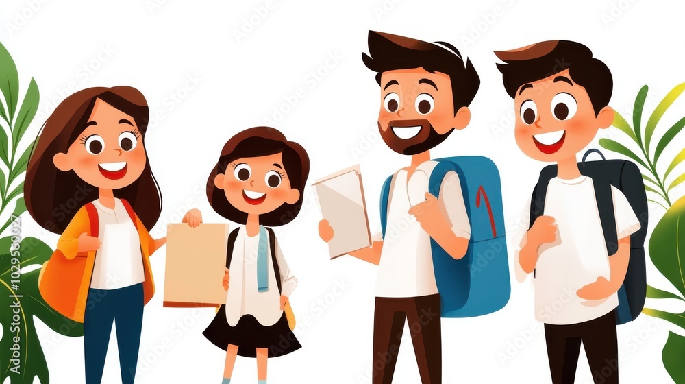 A family cheerfully prepares for a journey, carrying backpacks and excitement, illustrating the thrill of exploration and travel in a lively outdoor scene. A family cheerfully prepares for a journey, carrying backpacks and excitement, illustrating the thrill of exploration and travel in a lively outdoor scene.