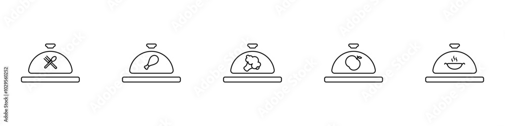Obraz premium Food delivery vector set. Icons of coasters for different dishes. Lids on boards with food. Food temperature preservation vector. Restaurant stands for food. Vector illustration.