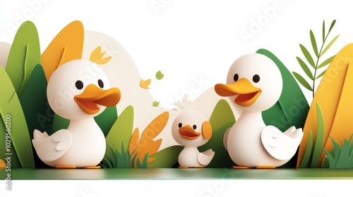 Three adorable ducks stand closely together with green and orange foliage in the background, illustrating a simple yet charming animated family scene. photo