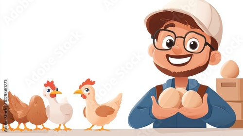 A cartoon illustration featuring a smiling man holding two eggs, with cartoon chickens nearby, showcasing a lively interaction in a playful and humorous setting. photo