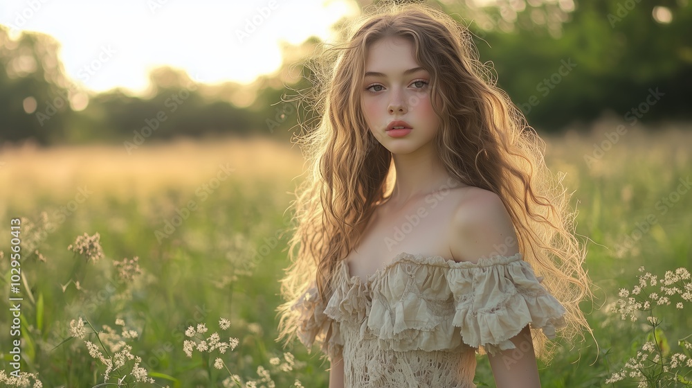 A young girl in a flowing dress stands amidst wildflowers in a sunlit field during golden hour, capturing a moment of natural beauty A young girl in a flowing dress stands amidst wildflowers in a sunlit field during golden hour, capturing a moment of natural beauty