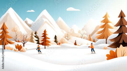 Two ice skaters gracefully navigating a frozen surface amidst a picturesque winter landscape characterized by majestic mountains and bare trees. photo