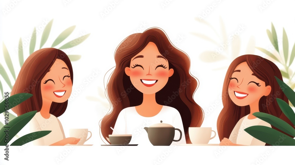 Illustration of three smiling friends sitting at a table with coffee cups, surrounded by lush greenery, conveying friendship and joyful conversation in a lively atmosphere. Illustration of three smiling friends sitting at a table with coffee cups, surrounded by lush greenery, conveying friendship and joyful conversation in a lively atmosphere.
