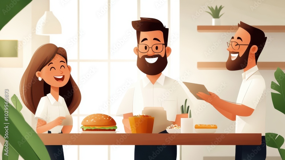 Three colleagues share a casual and fun lunch break, laughing together over a delicious burger and fries, capturing a moment of joy in a modern office setup. Three colleagues share a casual and fun lunch break, laughing together over a delicious burger and fries, capturing a moment of joy in a modern office setup.