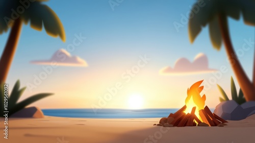 A picturesque campfire with flickering flames graces a sandy beach  beautifully set amidst palm trees under a brilliant blue sky  as the sun softly sets in serene elegance.