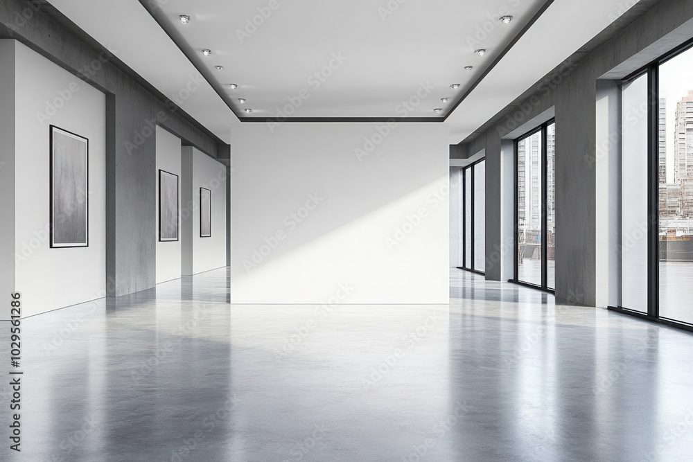 An empty gallery space with a large blank white wall, marble floor, contemporary design, clear and minimalist concept. 3D Rendering
An empty gallery space with a large blank white wall, marble floor, contemporary design, clear and minimalist concept. 3D Rendering