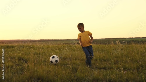 boy plays football green lawn summer. happy family. child kid play soccer ball grass. child kicks ball while running across field. childhood dream becoming football player. fantasy fun ball game photo