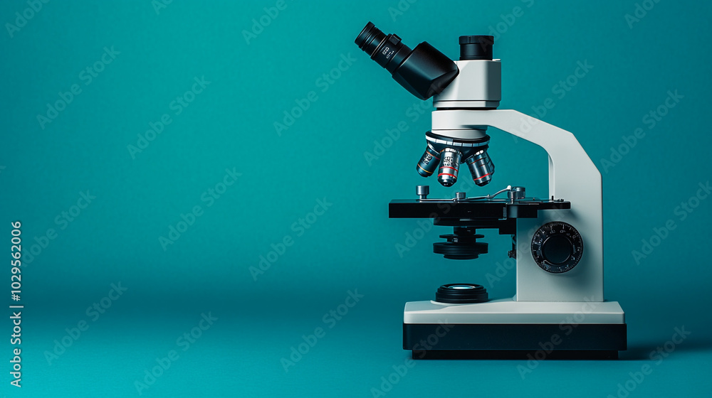 Microscope on Teal Background Science Research Equipment Microscope on Teal Background Science Research Equipment