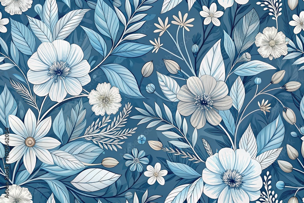 Seamless Floral Abstract Background in Blue and White with Delicate Leaf Patterns for Minimalist Design Seamless Floral Abstract Background in Blue and White with Delicate Leaf Patterns for Minimalist Design