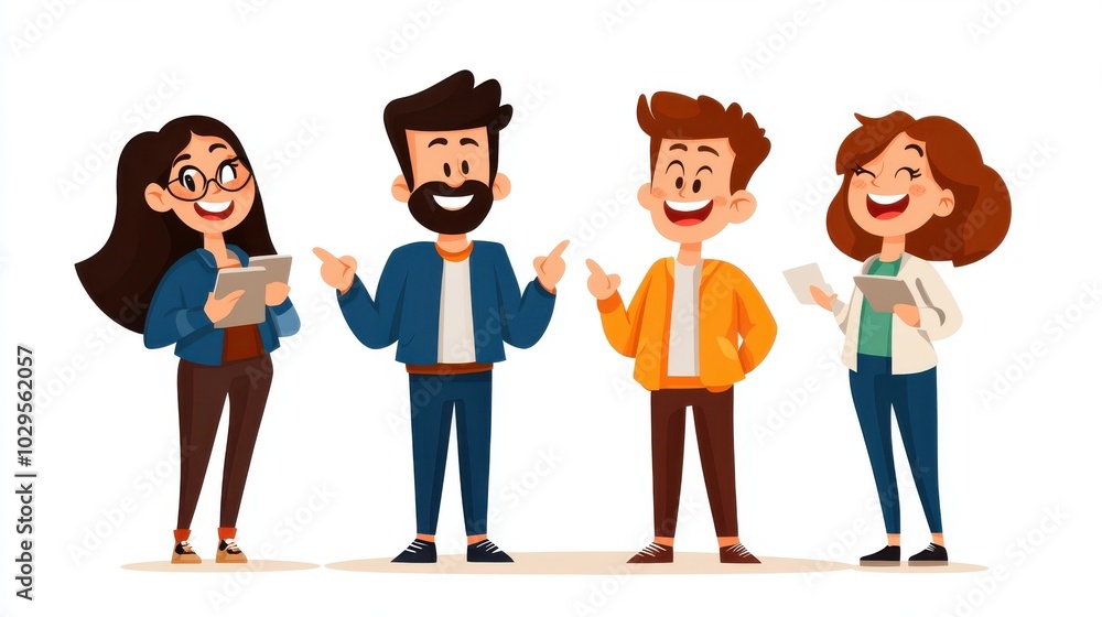 In a vibrant and dynamic setting, four animated characters animatedly debate, pointing and smiling. The lively discussion reflects their lively personalities and camaraderie. In a vibrant and dynamic setting, four animated characters animatedly debate, pointing and smiling. The lively discussion reflects their lively personalities and camaraderie.