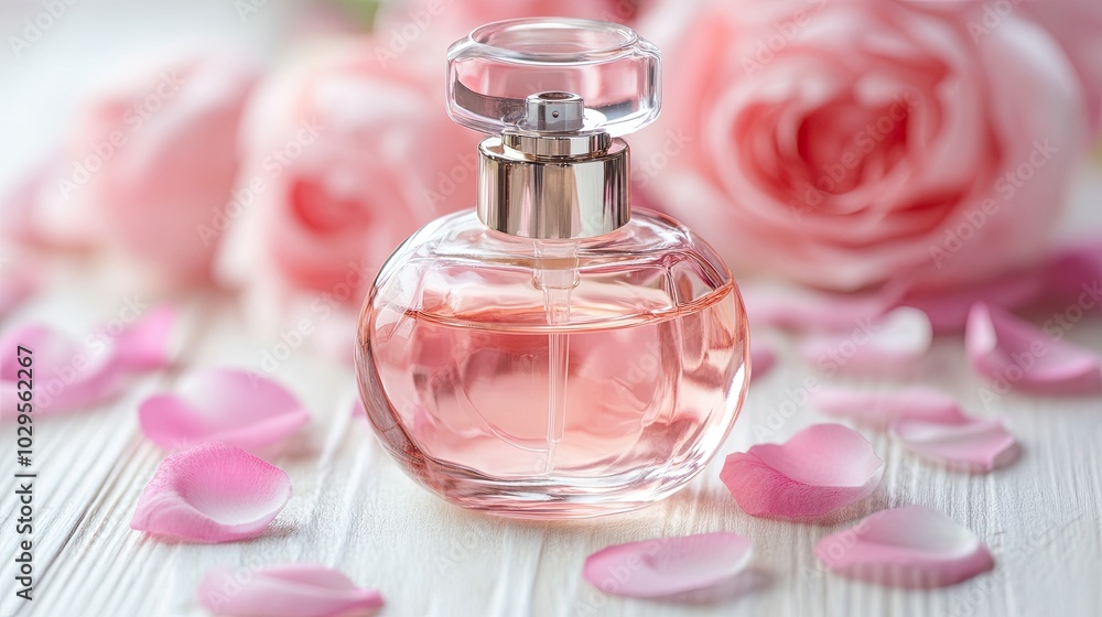 Luxurious glass perfume bottle with rosebuds next to it. Perfumery. A jar of scented oil or water. Spa and aromatherapy. Illustration for a cover, postcard, brochure or advert. Luxurious glass perfume bottle with rosebuds next to it. Perfumery. A jar of scented oil or water. Spa and aromatherapy. Illustration for a cover, postcard, brochure or advert.