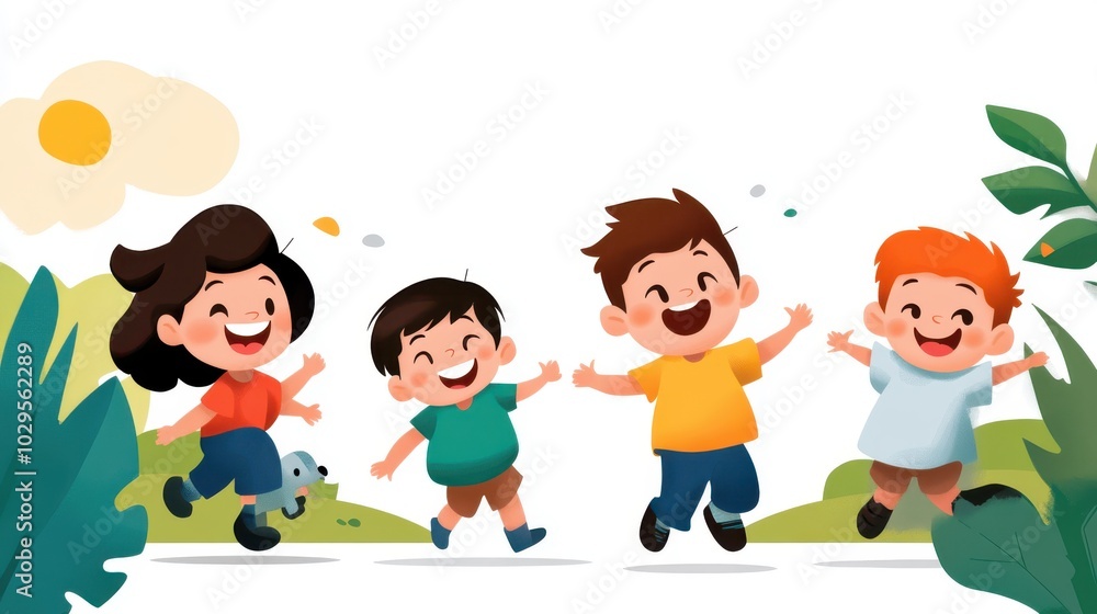 Four young children leap joyfully in a lush green park, expressing happiness, friendship, and energy set within a vibrant and modern cartoon art style. Four young children leap joyfully in a lush green park, expressing happiness, friendship, and energy set within a vibrant and modern cartoon art style.