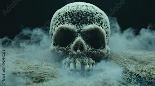 Detailed image of a human skull and smoke around it. Halloween and Day of the Dead. Spooky design. Illustration for cover, card, postcard, interior design, banner, poster, brochure or presentation.