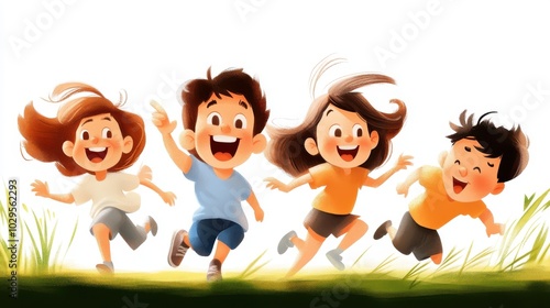 A group of four happy children running freely through a colorful breezy meadow, capturing the essence of joy, freedom, and playfulness in an animated style.