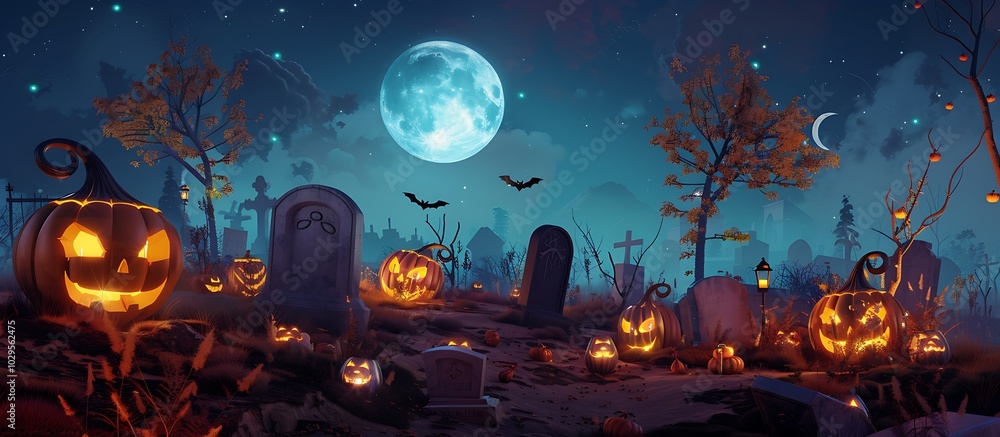 Halloween night scene with pumpkins, moonlit graveyard, glowing trees, jack o' lanterns. Halloween night scene with pumpkins, moonlit graveyard, glowing trees, jack o' lanterns.