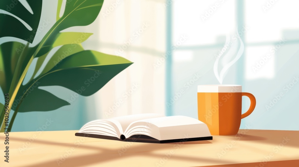 An open book placed on a sunlit wooden table with a steaming mug beside it. The scene is framed by green leaves, creating a peaceful reading environment. An open book placed on a sunlit wooden table with a steaming mug beside it. The scene is framed by green leaves, creating a peaceful reading environment.