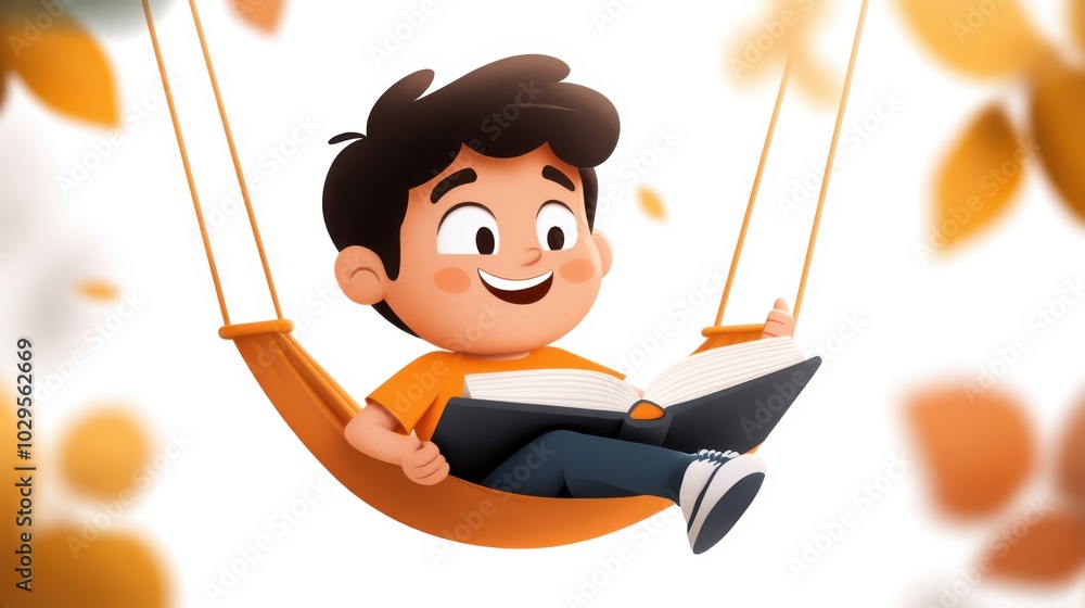 This charming cartoon image captures the adorable moment of a young boy swinging joyfully in a hammock, absorbed in reading a book, amidst floating autumn leaves. This charming cartoon image captures the adorable moment of a young boy swinging joyfully in a hammock, absorbed in reading a book, amidst floating autumn leaves.