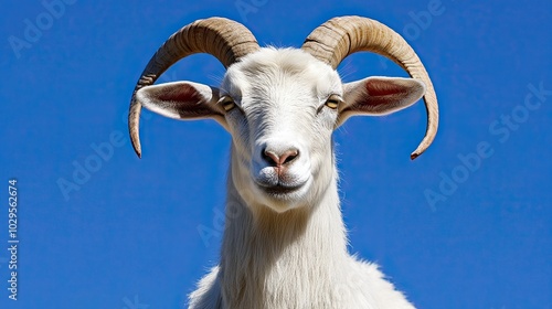 A white goat with horns looks into the camera against a blue sky. Close-up of a domestic animal. Detail image of the muzzle. Illustration for cover, card, postcard, decoration or print. photo