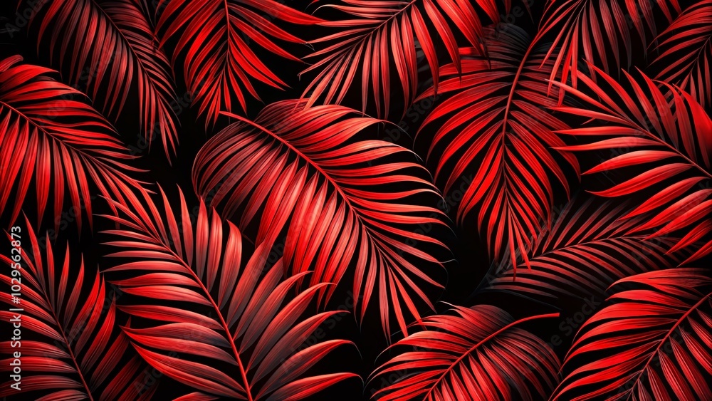 Seamless Tropical Texture Pattern with Red Palm Leaves on Black Background - Hawaiian Ornament Design Seamless Tropical Texture Pattern with Red Palm Leaves on Black Background - Hawaiian Ornament Design