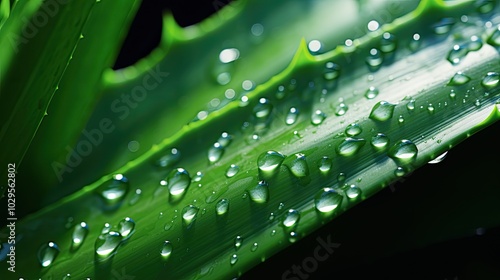 Fresh aloe vera leaves with lots of little thorns and water droplets on it. Beauty and cleanliness of the environment. Illustration for a banner, poster, cover, brochure or presentation.