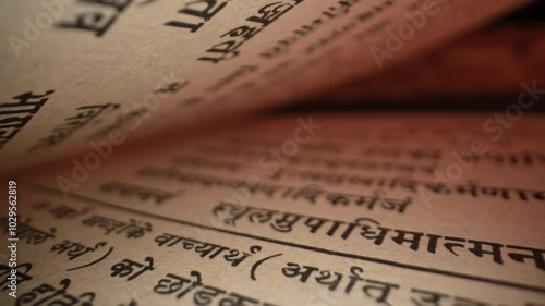 Old Vintage Handwritten Scriptures On Sanskrit. Exploring sacred vedic knowledge heritage. Revered texts in macro. Holy pages, old religious book.