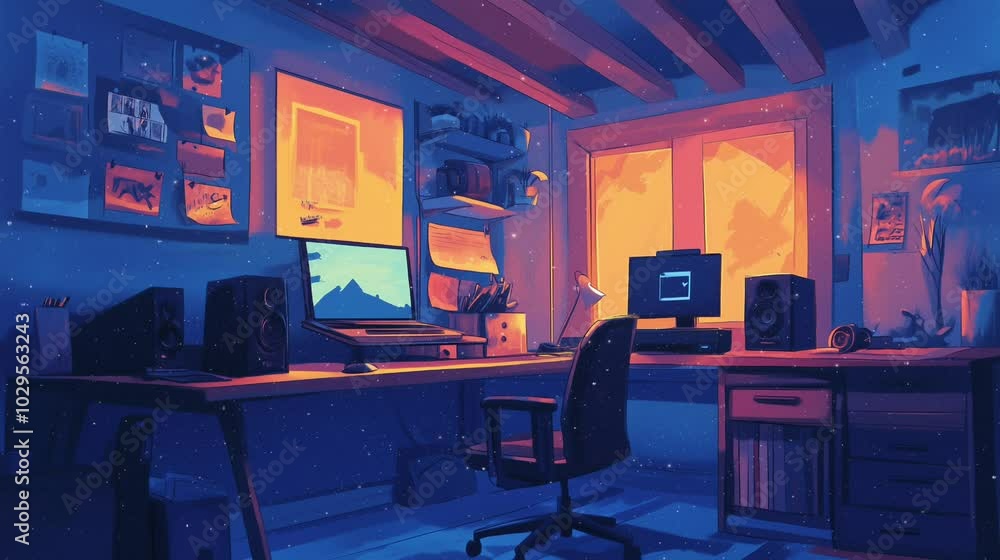 Enjoy a cozy atmosphere in a home office filled with warm colors, creative decor, and ambient lighting as dusk settles outside, lofi style, particles Enjoy a cozy atmosphere in a home office filled with warm colors, creative decor, and ambient lighting as dusk settles outside, lofi style, particles