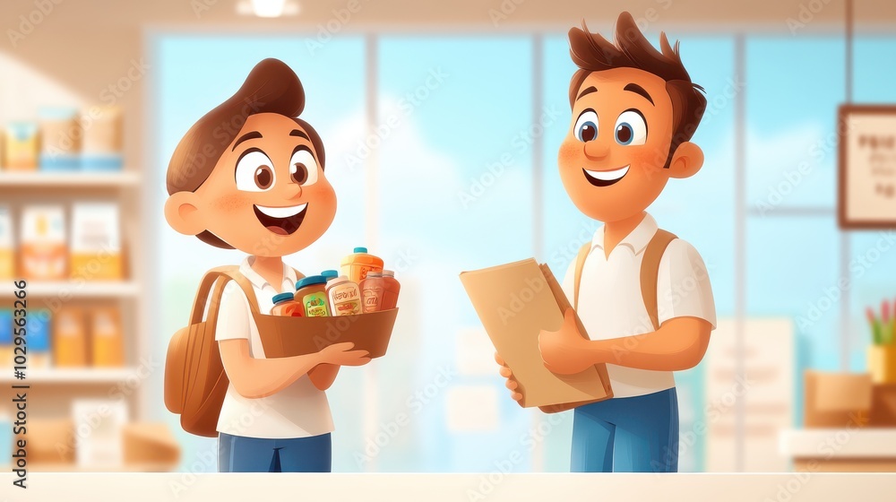 Two cheerful boys hold a basket filled with groceries as they stand happily at the counter, eagerly chatting with a staff member holding a clipboard. Two cheerful boys hold a basket filled with groceries as they stand happily at the counter, eagerly chatting with a staff member holding a clipboard.