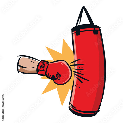 Red boxing glove hitting a punching bag. Cartoon illustration depicting fight training and championship scenarios. Ideal for sports inventory, boxing themes, and fitness-related designs.